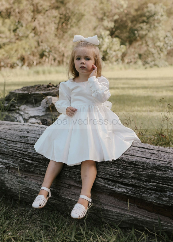 Long Sleeves Ivory Satin V Back Flower Girl Dress